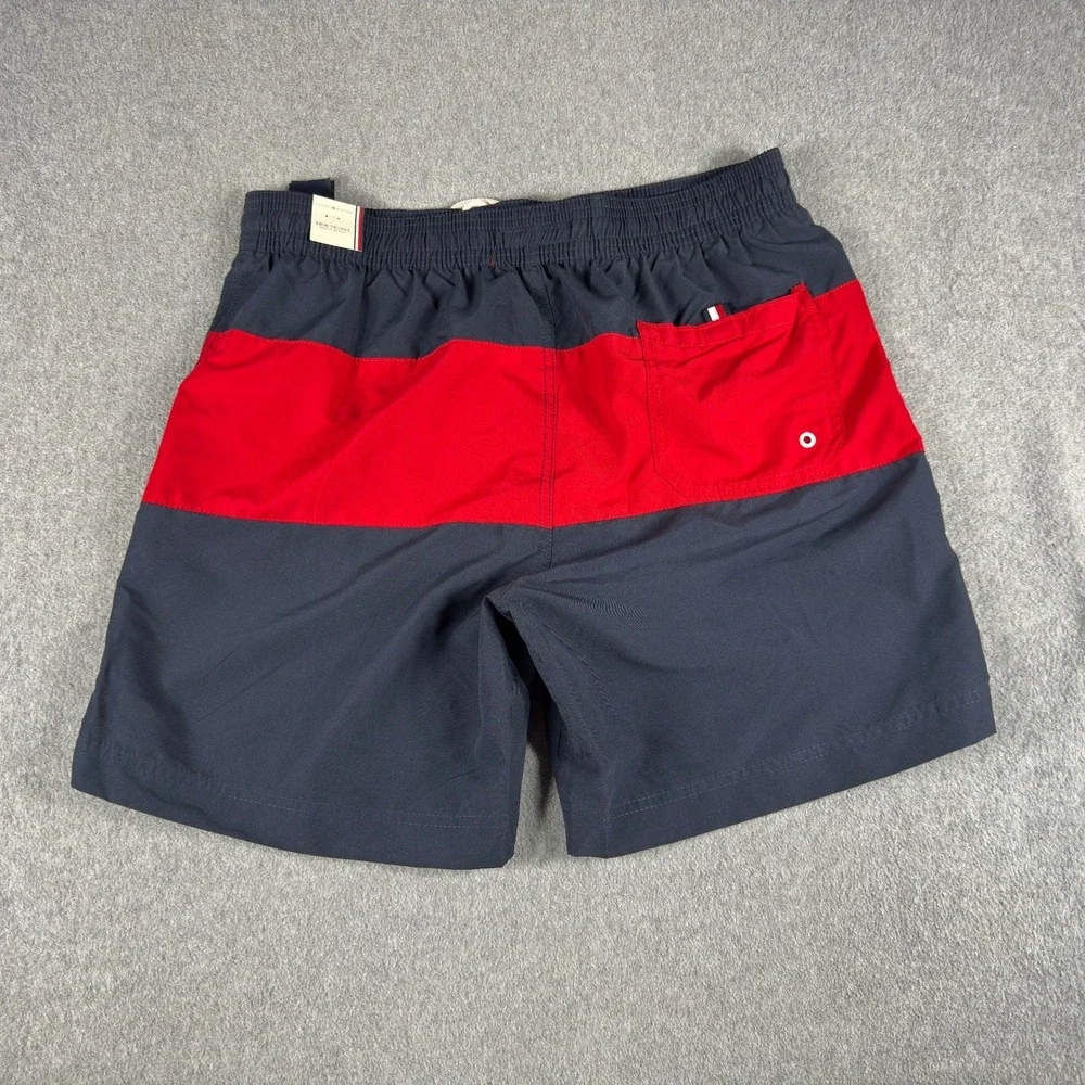 Tommy Hilfiger Men's Swim Trunks L Navy Red Color Block Drawstring NWT